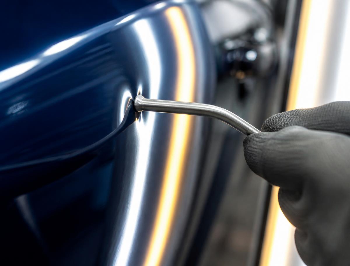 PDR technician working a dent out from behind a glossy blue panel